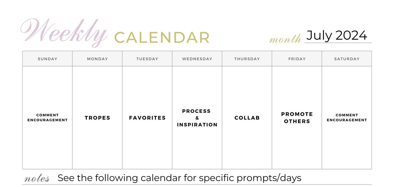 Weekly Calendar for the event. Happening July 2024. Monday is tropes. Tuesday is favorites. Wednesday is process & inspiration. Thursday is collab. Friday is promote others. Saturday and Sunday are comment encouragement.
